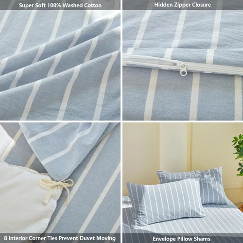 Vista 5 de DONEUS Juego de funda de edredón a rayas azules, 100% algodón lavado tipo lino, súper suave, transpirable, cómodo, juego de ropa de cama de 3 piezas