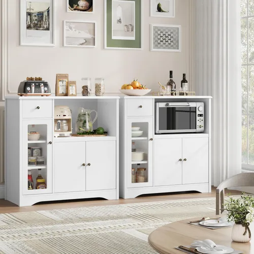 Vista 7 de HORSTORS Armario para microondas, armario de almacenamiento de cocina con 3 puertas y 1 cajón, aparador de buffet con estantes ajustables, soporte