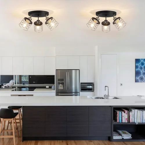 Vista 9 de Lámpara de techo de níquel cepillado para cocina, lámpara de techo semiempotrada, iluminación de techo multidireccional para cocina, granja, Negro