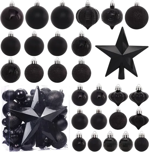 Paquete de 52 adornos navideños negros irrompibles para árbol de Navidad y estrella superior - Para decoración navideña