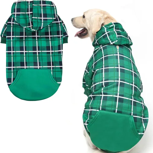 Vista 31 de EXPAWLORER Sudadera con capucha para perro a cuadros, estilo británico, suéter cálido para perro con agujero para correa, ropa de pitbull, ropa