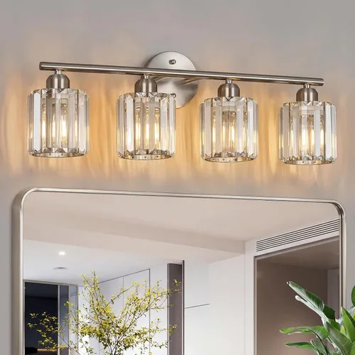 Vista 18 de Moderna lámpara de tocador de cristal de 2 luces, lámpara vertical negra sobre espejo para tocador y fregadero, compatible con bombillas regulables