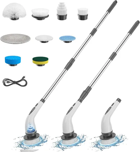 Limpiador eléctrico giratorio, cepillo limpiador de ducha inalámbrico con extensión ajustable, 9 cabezales de limpieza reemplazables, limpiador de