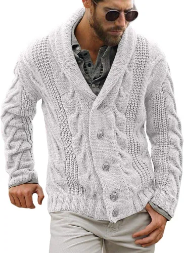 Cárdigan de cuello chal para hombre con botones de punto trenzado grueso de manga larga para invierno, estilo pescador, casual 1- Blanco