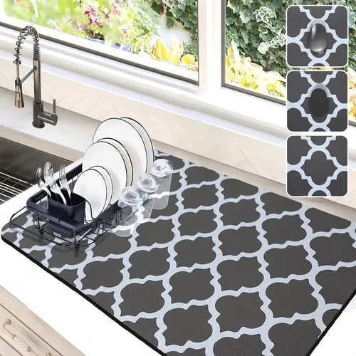 Vista 22 de Tapete de secado de platos para encimera de cocina, almohadilla de secado de platos de 12 x 19 pulgadas con parte trasera de goma antideslizante