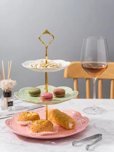 Vista 6 de Jusalpha 3-Tier porcelana china pastel soporte para postres, pasteles, fiesta de té, bandeja de servir, Dorado