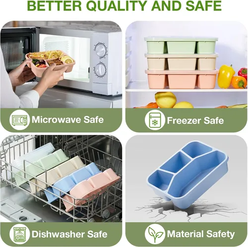 Vista 6 de 4 Pack Bento Lunch Box, 4 Compartment Wheat Straw Meal Prep Containers for Kids/Toddle/Adults, BPA Free Reusable Food Storage Containers, Durable