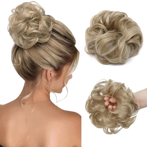 Benehair Moño desordenado, pieza de pelo recogido para mujer, esponjoso, ondulado, moño con dona, moño sintético con banda elástica de goma color