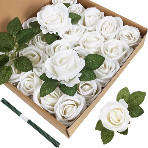 Vista 13 de Rosas Artificiales Rojas 25 PCS Rosas de Terciopelo Flores Artificiales de Aspecto Real Flores de Seda con Tallos para Bricolaje Boda Fiesta Baby