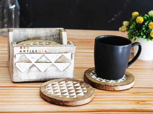 Vista 7 de Juego de 6 posavasos de madera blanqueada con soporte, posavasos rústicos para tazas de café, tazas de té y vasos, juego de posavasos de madera