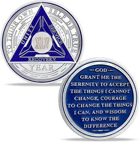 Vista 50 de Juego de monedas de sobriedad triangulares originales de 1 año Medallón AA de número romano plateado con cápsula protectora Ficha de aniversario