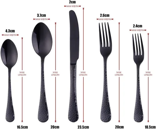 Vista 7 de Juego de 5 piezas de cubiertos de acero inoxidable negro para 1, juego de cubiertos incluye cuchillo de cena, tenedor de mesa, cuchara de mesa