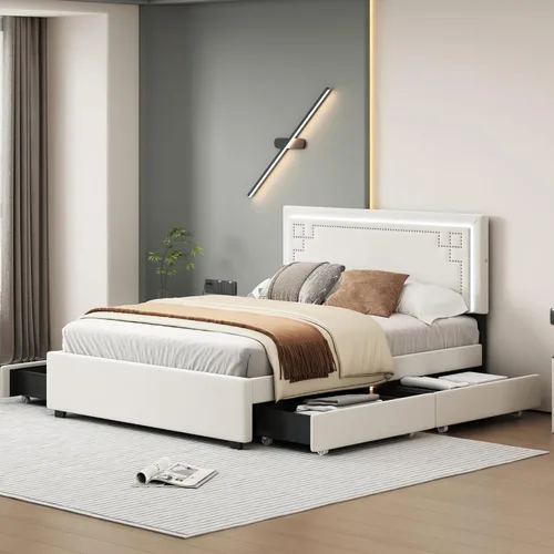 Vista 71 de Elegante cama con plataforma tapizada de terciopelo de tamaño Queen con cabecero, para niños, niñas y adolescentes (beige @cabecero/, Queen)
