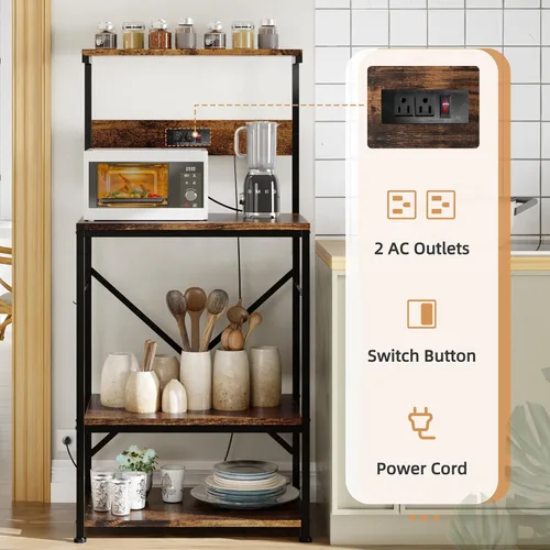 Vista 26 de Shintenchi Estante para panaderos con toma de corriente, gran espacio de almacenamiento, barra de café de 10 ganchos con panel de alambre de metal