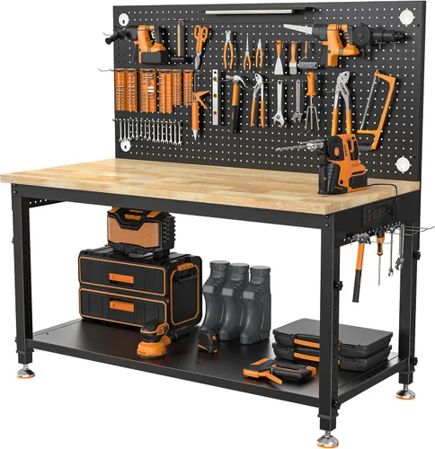 CAMMOO Banco de trabajo resistente de 48 pulgadas, altura ajustable, carga máxima de 2000 libras, con estante de almacenamiento para banco de