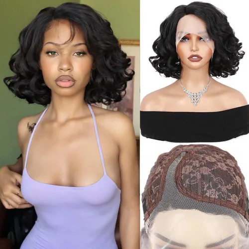 Vista 11 de Quantum Love Pelucas cortas y rizadas estilo Bob, peluca de parte lateral suelta para mujeres negras, peluca sintética corta ondulada estilo Bob