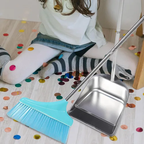 Vista 4 de Juego de escoba y recogedor vertical de pie de acero inoxidable de metal escoba para pasillo, vestíbulo, garaje, patio, interior y exterior