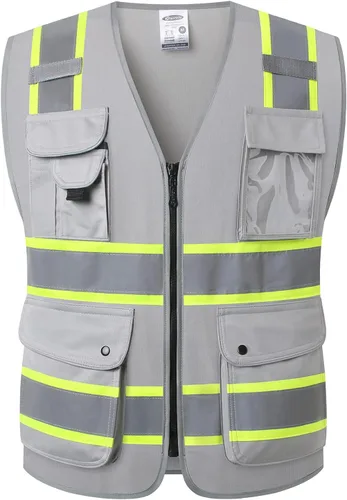 Vista 23 de JKSafety Chaleco de seguridad frontal con cremallera de alta visibilidad Clase 2 de 9 bolsillos con tiras reflectantes, cumple con las normas