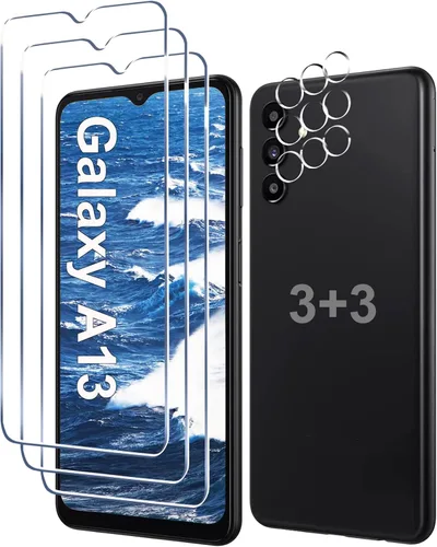 [Paquete de 3+3] Protector de pantalla para Galaxy A13 con protector de lente de cámara, película de vidrio templado HD, dureza 9H, antiarañazos,