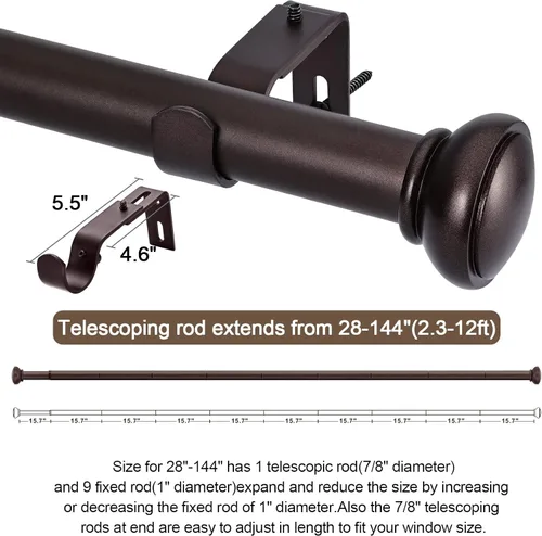 Vista 18 de SIMEWIN Barras de cortina para ventanas de 28 a 120 pulgadas, ajustable, de 1 pulgada de diámetro, juego de cortinero decorativo para ventana