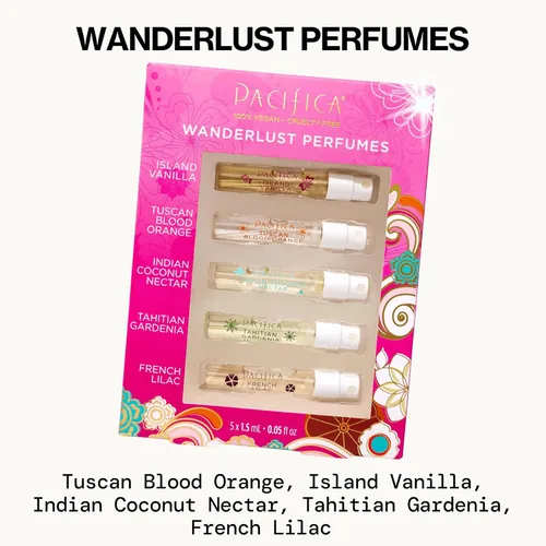 Vista 2 de Pacifica Beauty, Wanderlust - Juego de prueba de perfume en aerosol, vainilla isla, 5 aromas, juego de regalo de muestra de fragancia, aceites