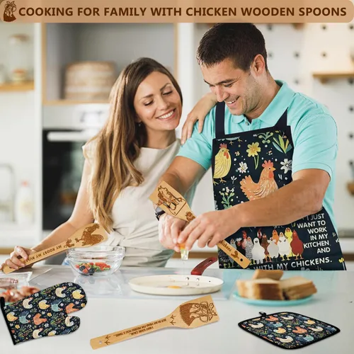 Vista 2 de 8 piezas de cuchara de cocina de bambú con forma de pollo con delantal y guantes de horno, utensilio de cocina con temática de gallo para mujeres