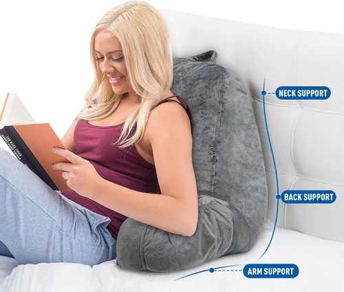 Vista 6 de Almohada de lectura para sentarse en la cama, tamaño adulto con brazos y bolsillo lateral, almohadas de apoyo para la espalda para sentarse
