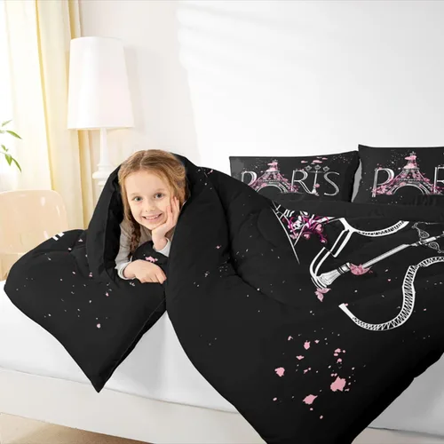 Vista 7 de Feelyou Juego de edredón de la Torre Eiffel, elegante juego de ropa de cama de París, edredón romántico para niños, niñas, niños, adolescentes