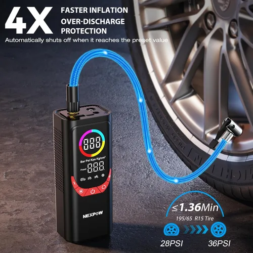 Vista 2 de NEXPOW NP17 Compresor de Aire Portátil, Inflador de Neumáticos Digital de 150 PSI, Inflado Rápido con Apagado Automático, Luz LED, Múltiples