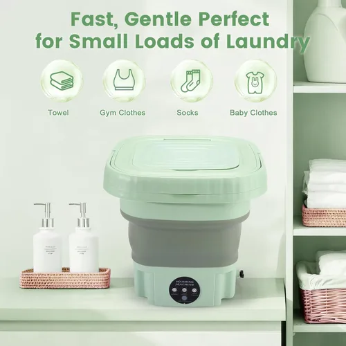 Vista 2 de Lavadora portátil de 9L, mini lavadora plegable para viajes, camping, RV, dormitorios, apartamento, ropa interior y ropa de bebé (verde salvia)