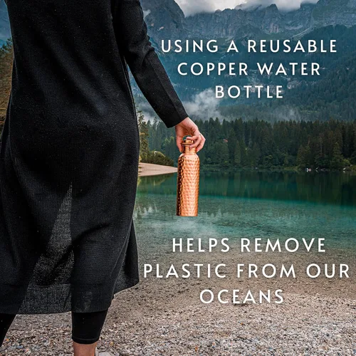 Vista 6 de Botella de agua de cobre – 34 onzas extra grande – Un recipiente ayurvédico de cobre puro martillado para beber – Bebe más agua, reduce tu ingesta
