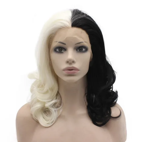 Mxangel Peluca de encaje frontal de dos tonos medio negro y blanco ondulado para cosplay