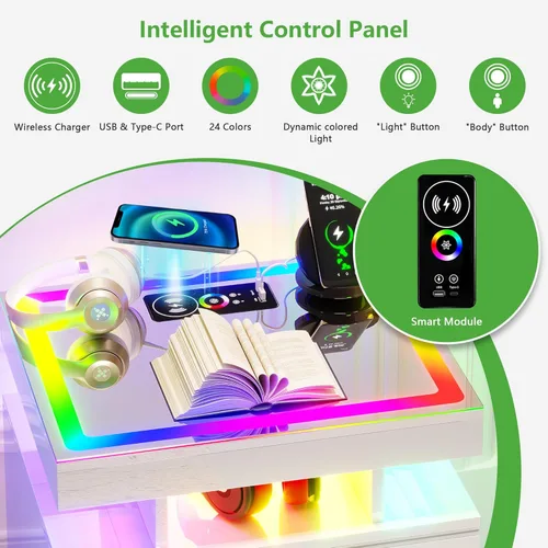 Vista 27 de HNEBC Mesita de noche LED, mesita de noche negra con estación de carga, USB + tipo C + carga inalámbrica, mesita de noche inteligente con sensor