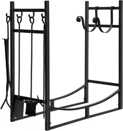 Goplus - Estante para leña para interiores, soporte de 30" para leña con 4 herramientas para chimenea: pala, atizador, pinzas, cepillo, portayesca,