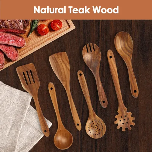 Vista 3 de comfoyar Juego de utensilios de cocina de madera, 7 cucharas de madera de teca natural para cocinar con espátula y cucharón, utensilios de cocina