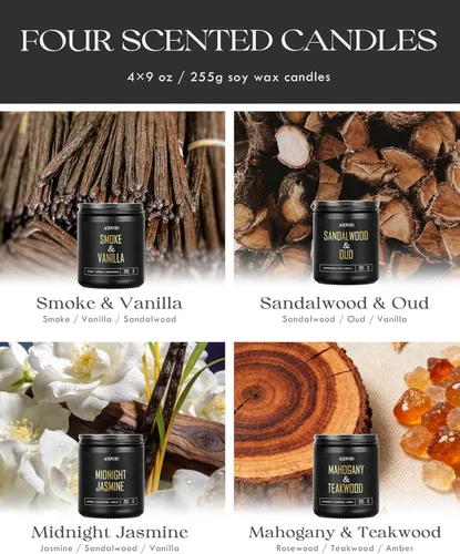 Vista 4 de AOOVOO Velas perfumadas para hombres – Paquete de 4 velas para el hogar, cera de soja de 36 onzas, tiempo de combustión de 200 horas, juego de velas