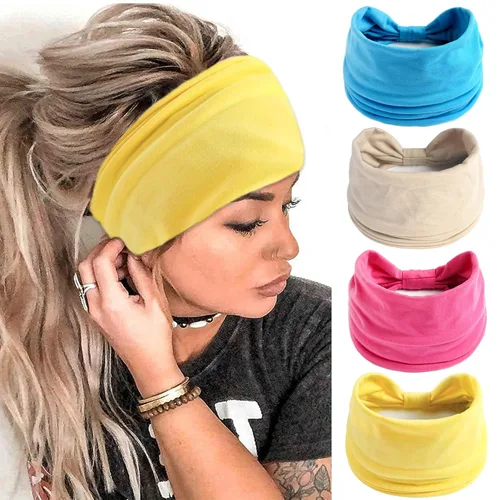Vista 23 de FULZTEY Diademas Boho para mujer, diademas elásticas vintage con estampado de tela, banda de pelo anudada ancha, bandas de pelo suaves de algodón