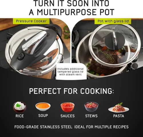 Vista 4 de Universal Olla a presión pequeña de acero inoxidable (4.2 cuartos de galón / 4 litros) de fácil uso + tapa de vidrio extra, 5 porciones, compatible