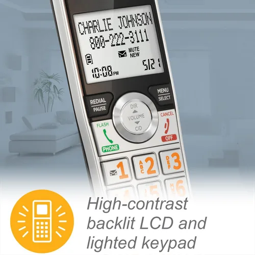 Vista 5 de Teléfono inalámbrico expandible DECT 6.0 con sistema de respuesta y bloqueador inteligente de llamadas de AT&T CL82207, Plateado/Negro