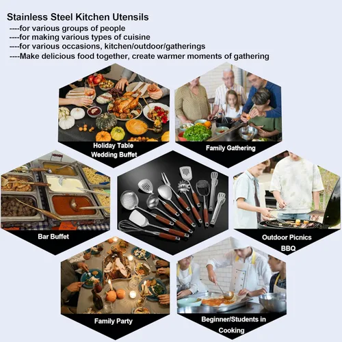Vista 3 de Juego de utensilios de cocina de acero inoxidable con mango de madera, juego de utensilios de cocina de metal, 12 piezas, espátulas, cucharón