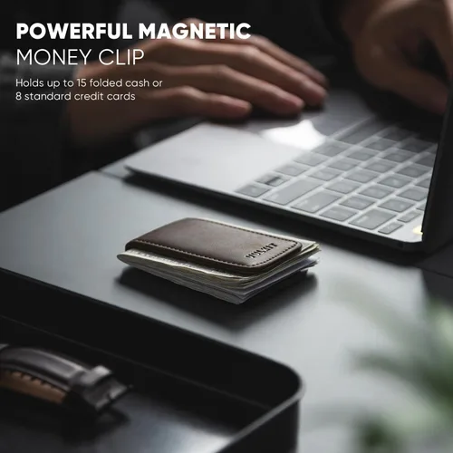 Vista 2 de VULKIT Clip magnético de cuero para dinero, diseño minimalista con capacidad para hasta 15 efectivos