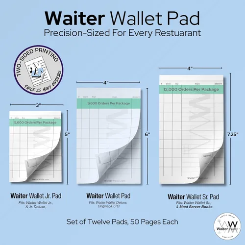 Vista 5 de Waiter Wallet Jr. Pads Paquete de 12 blocs de notas de invitados Bloc de notas perforado y grapado de doble cara para servidor de restaurante