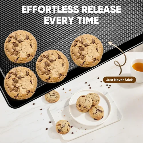 Vista 7 de Juego de 3 bandejas antiadherentes para hornear, resistentes para horno con patrón de textura de rayas, 0.024 in de grosor cuarto/mitad/gelatina