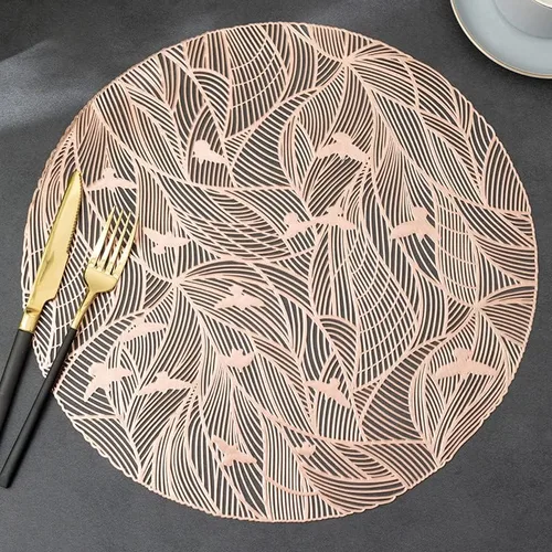 Vista 6 de 2/4/6pcs 38cm Gold Hollow Design Round PVC Placemats, Heat Resistant Waterproof Non-Slip Table Mats for Hotel Restaurant, Home Kitchen
