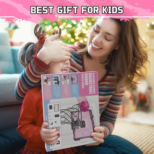 Vista 6 de Aro de Baloncesto Interior para Niñas Rosa - Mini Aros de Baloncesto sobre la Puerta con Juguetes de Marcador Electrónico y 3 Pelotas, Regalos