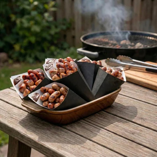 Vista 3 de Restaurantware Conetek - Conos de comida negros ecológicos de 11.5 pulgadas con bolsillo integrado para condimentos: perfectos para aperitivos, cono