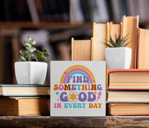 Vista 4 de kunlisa Groovy Find Something Good in Every Day Retro Flower Rainbow Caja de madera para decoración de escritorio, con cita positiva, bloque