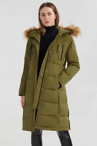 Vista 3 de Orolay Chaqueta de plumón para mujer, abrigo largo de invierno, chaqueta acolchada a prueba de viento con capucha de piel, Blanco