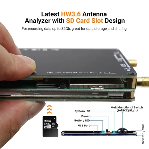 Vista 2 de Vector Network Antenna Analyzer 50KHz-1.5GHz MF HF VHF UHF with SD Card Slot Up to 32G Support RTC Spectrum Analyzer