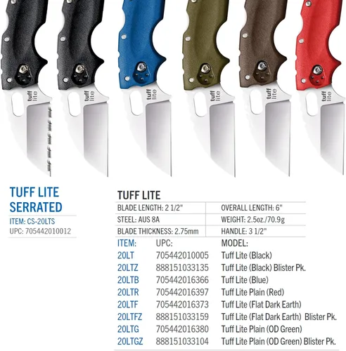 Vista 6 de Cold Steel Tuff Lite 2.5" Cuchillo de bolsillo plegable con hoja de 3.5" de AUS8A de pata de cabra ultra afilada y asa Griv-Ex